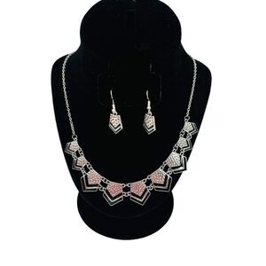 Hammered Silver-Tone Geometric Black Striped Necklace & Earring Set